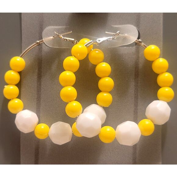 Yellow White Hoop Earrings 2" Retro Bold Funky Y2K Festival Pierced 80's Acrylic - Picture 1 of 6